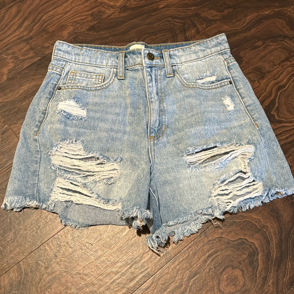 High waisted distressed denim shorts